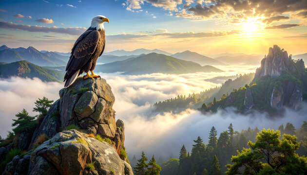 Majestic Bald Eagle Perched on Mountain Cliff at Sunrise