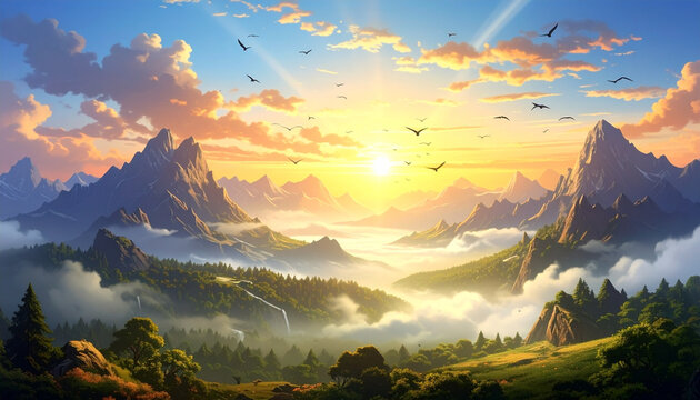 Majestic Sunrise Over Mountain Valley with Flying Birds