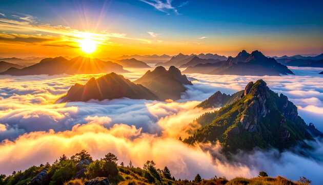 Breathtaking Mountain Sunrise Above Sea of Clouds Landscape