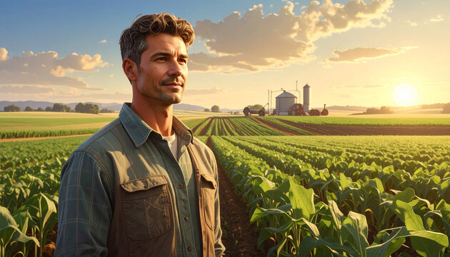 Confident male farmer standing in lush green field at golden sunset