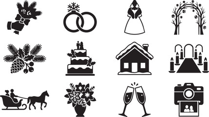 Naklejka premium Wedding icons, black vector set, 12 silhouette graphics, marriage symbols, engagement collection