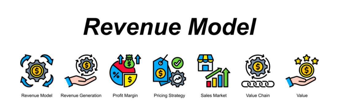 Revenue Model banner web icon vector illustration concept with an icon of Revenue Model, Revenue Generation, Profit Margin, Pricing Strategy, Sales Market, Value Chain, Value 