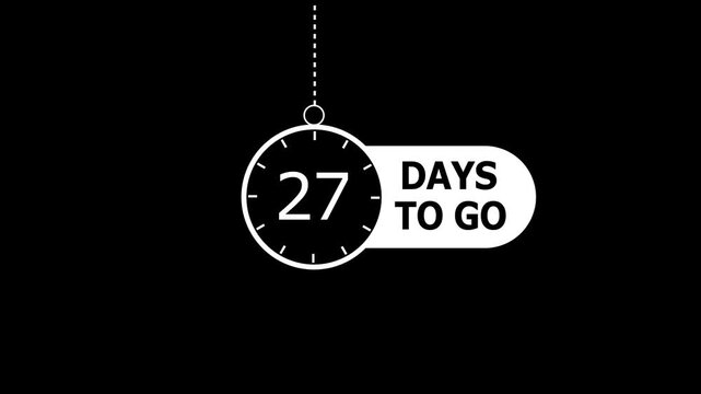 27 days to go animation. modern counting number animation 27 days to go. on a black background. and creating a stunning 4k video.