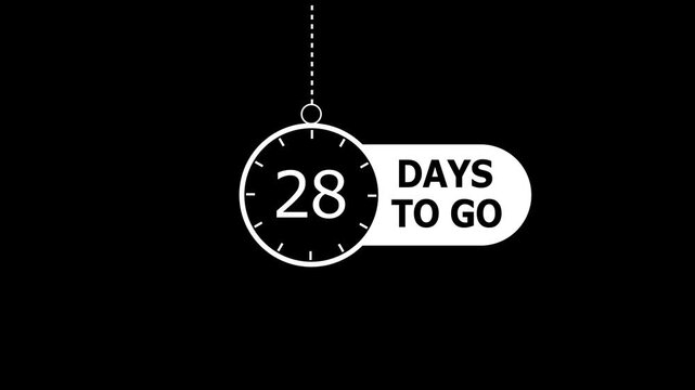 28 days to go animation. modern counting number animation 28 days to go. on a black background. and creating a stunning 4k video.