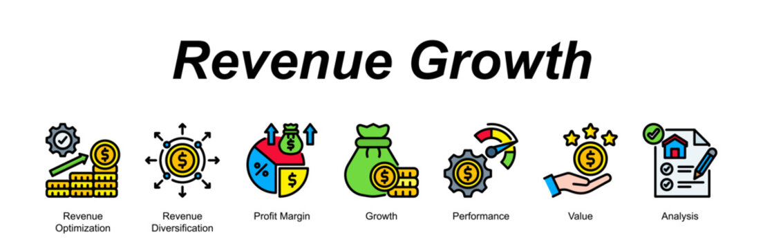Revenue Growth banner web icon vector illustration concept with an icon of Revenue Optimization, Revenue Diversification, Profit Margin, Growth, Performance, Value, Analysis 