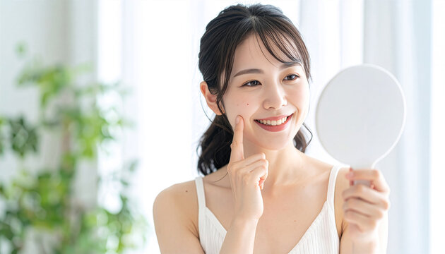自然光の中で自分の頬に優しく触れ、潤いのある美肌に微笑む若い日本人女性のビューティーポートレート