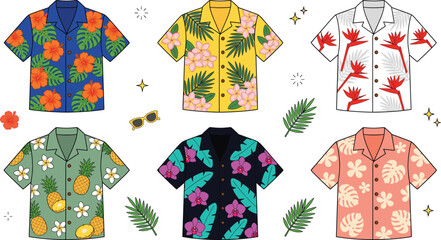 Tropical Hawaiian shirt collection featuring colorful floral summer vacation apparel with botanical prints, beach fashion and resort clothing illustrations © Mstferdoshi