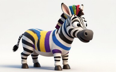 Naklejka premium Colorful zebra with rainbow mane, playful expression, vibrant stripes against white background.