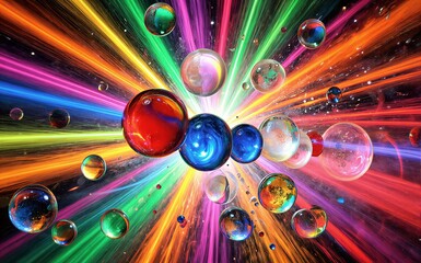Fototapeta premium Vibrant bubbles explode in a cosmic rainbow burst of light and color.