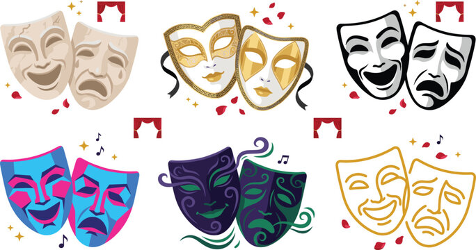 Theater comedy and tragedy masks collection featuring classic, carnival, luxury, modern, and decorative drama mask designs isolated on white background vector set