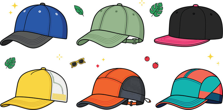 Colorful baseball cap collection featuring adjustable snapback trucker and sports hats isolated fashion accessory vector illustration set