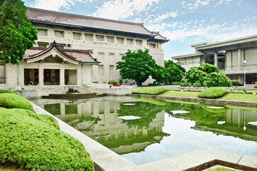 東京国立博物館本館の威厳ある近代建築と前庭を描いた水彩画風のイラスト / Watercolor Illustration of Tokyo National Museum Main Building and Forecourt © Taketo Miyajima