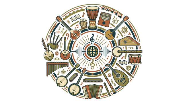 Circular composition of various traditional musical instruments from around the world. EPS Editable