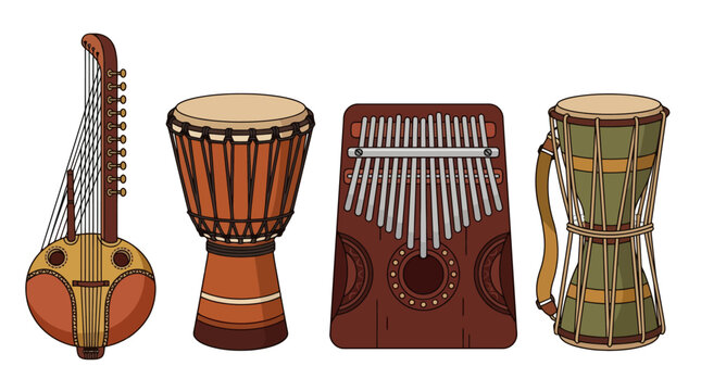 Collection of traditional African musical instruments including drums and stringed instruments. EPS Editable