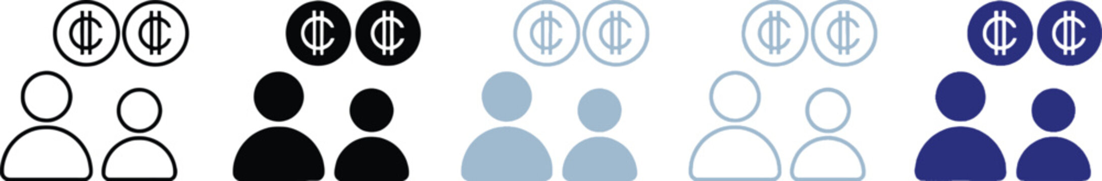 Set of human icons with ghana cedi currency symbols representing financial savings and investment concepts in various flat graphic styles for business and banking web design Vector
