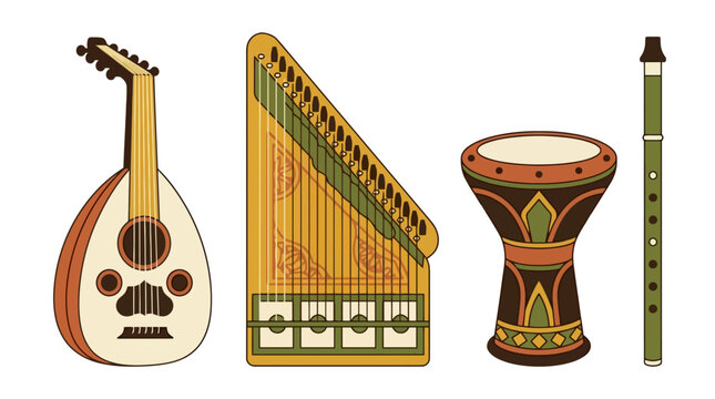 Collection of traditional Middle Eastern musical instruments including oud qanun darbuka and ney flute. EPS Editable