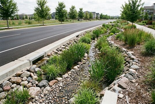 Modern bioswale biofiltration drainage ditch filled with river rocks