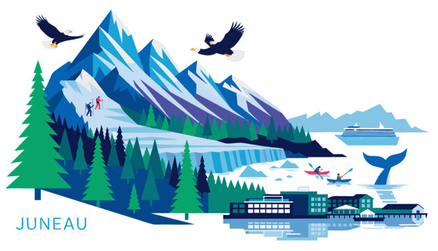 Flat vector illustration of alaska wilderness featuring snowy mountains glaciers hiking tourists eagles kayakers and cruise ship for travel design