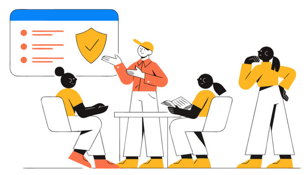 Professional team meeting with cybersecurity presentation in modern flat vector style for corporate training and digital security awareness concepts