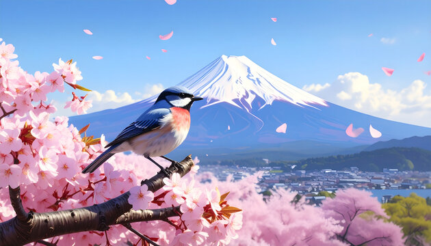 Bird on Cherry Blossoms with Mount Fuji Background in Spring