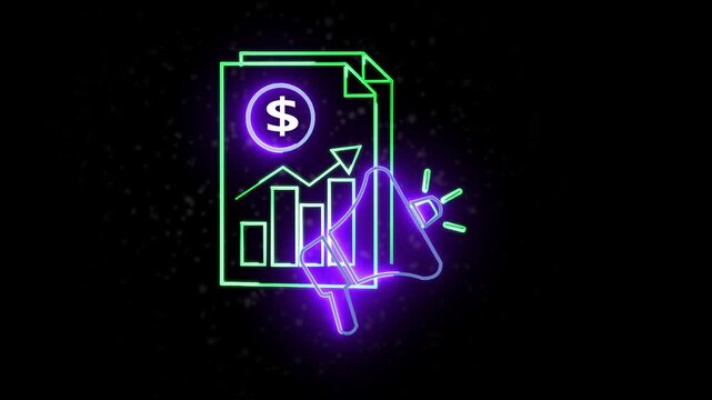 Glowing neon business analysis report icon with dollar sign and revenue growth chart graph animation.