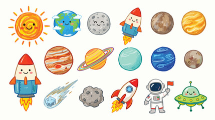 Cute Crayon Space Objects Collection Hand Drawn Kids Style Vector © Fajar Mufridz M