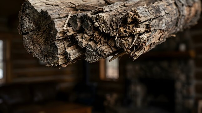 Rough weathered log texture with sharp splintered end in rustic cabin