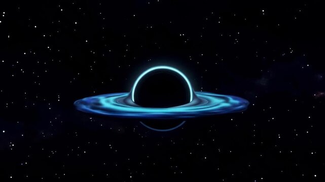 Glowing blue black hole in space with swirling accretion disk