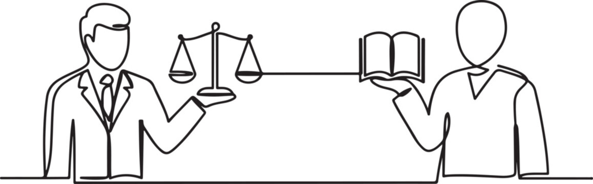 A prosecutor and lawyer holding scales of justice and a book of justice. one line Art icon drawing
