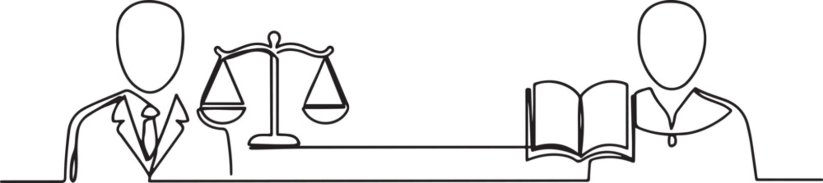 A prosecutor and lawyer holding scales of justice and a book of justice. one line Art icon drawing