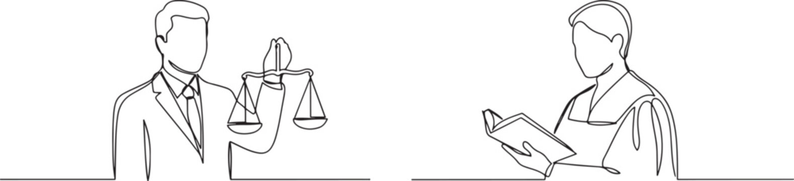 A prosecutor and lawyer holding scales of justice and a book of justice. one line Art icon drawing