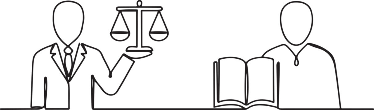 A prosecutor and lawyer holding scales of justice and a book of justice. one line Art icon drawing
