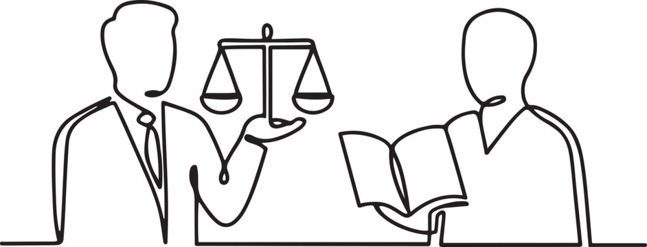 A prosecutor and lawyer holding scales of justice and a book of justice. one line Art icon drawing