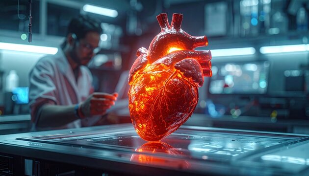 Glowing heart model in a science lab with a scientist observing, futuristic aesthetic