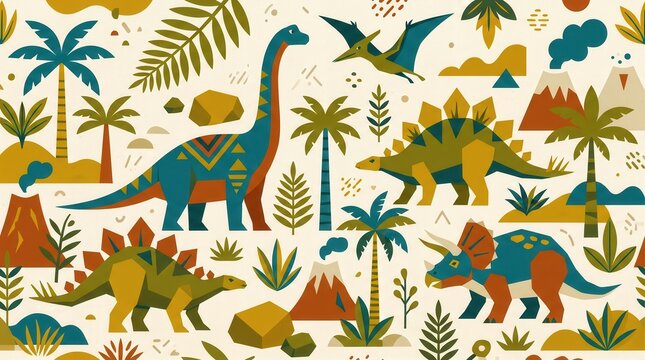 Various prehistoric dinosaurs live in a lively jungle with smoking volcanoes and tall palm trees