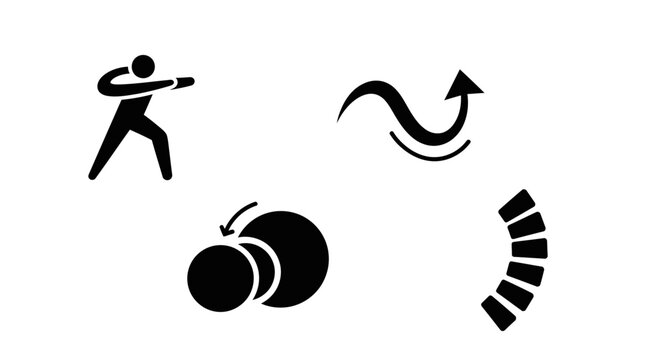 Abstract motion icons: human figure, arrow, circles, progress bar