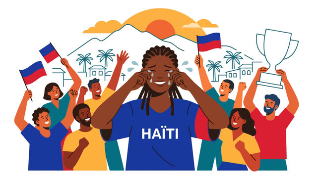 Haitian sports fans celebrating victory with flags and trophy. EPS Editable