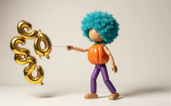 A colorful puppet with a blue afro holds golden "315" balloons against a plain background.