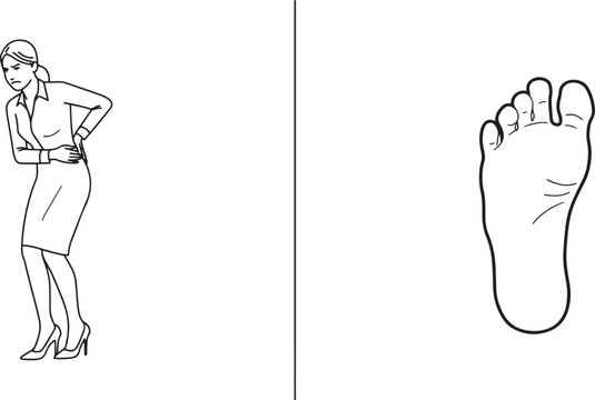 woman wearing uncomfortable, faulty heels. woman with crooked toes after wearing uncomfortable shoes. one line art icon drawing