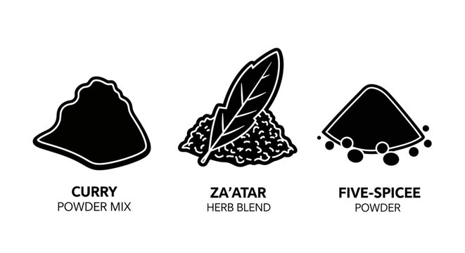 Curry, Za'atar, Five-Spice Powder Mixes - Black and White Illustration