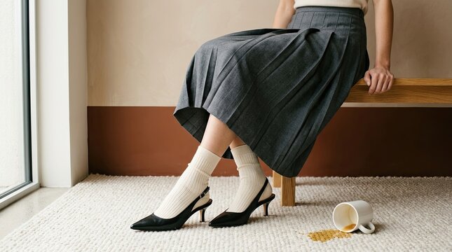 Woman in gray skirt and white socks sits with spilled coffee