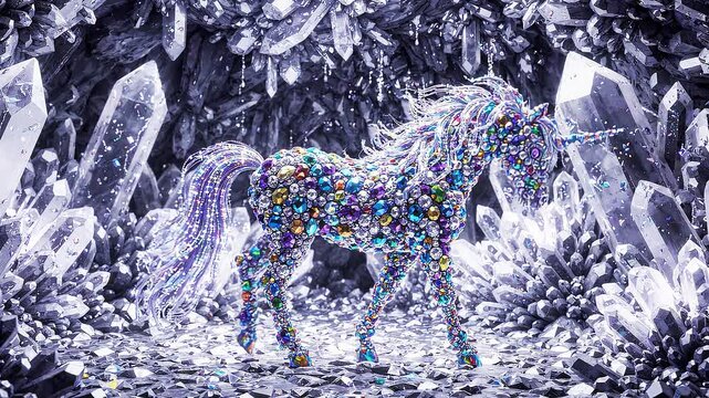 Majestic Shimmering Unicorn Standing in Glittering Crystal Cave