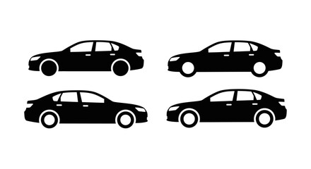 Fototapeta premium Four Black Sedan Car Silhouettes Isolated on White Background