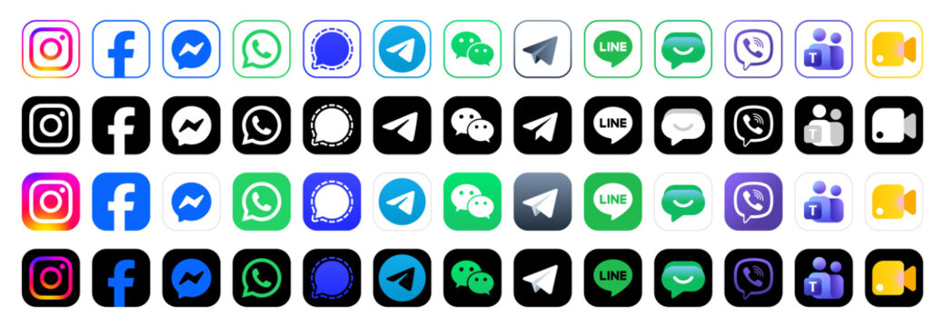 social media icon set or social network logos , communication apps ; facebook, messenger, instagram, whatsapp, telegram, signal, wechat, line, viber, microsoft teams, google meet, chat vector icons