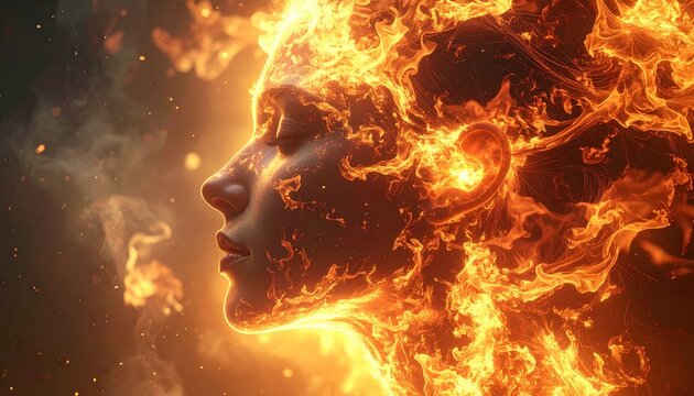 A human face in profile, engulfed by flames, ethereal, radiant, and peaceful