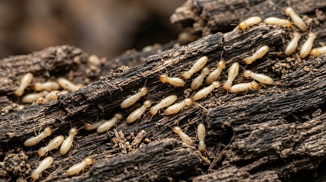 Termites crawling on decaying wood infestation scene
