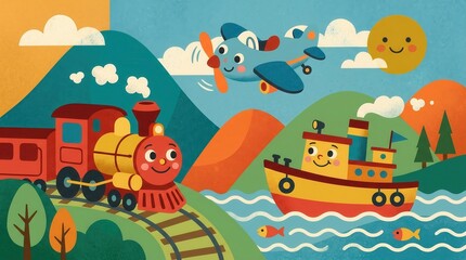 Naklejka premium Smiling train, airplane, and boat travel through a vibrant landscape under a happy sun with fish