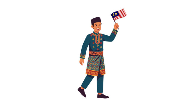 Happy boy wearing Baju Melayu holding Malaysia flag during national day celebration vector illustration