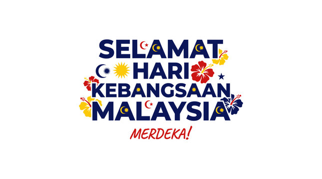 Malaysia National Day Greeting Card with Hibiscus Flowers and National Symbols Vector