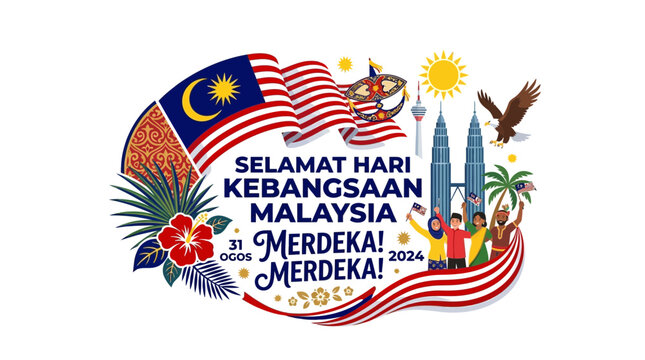 Malaysia National Day Independence Celebration Illustration with Flag and Landmarks